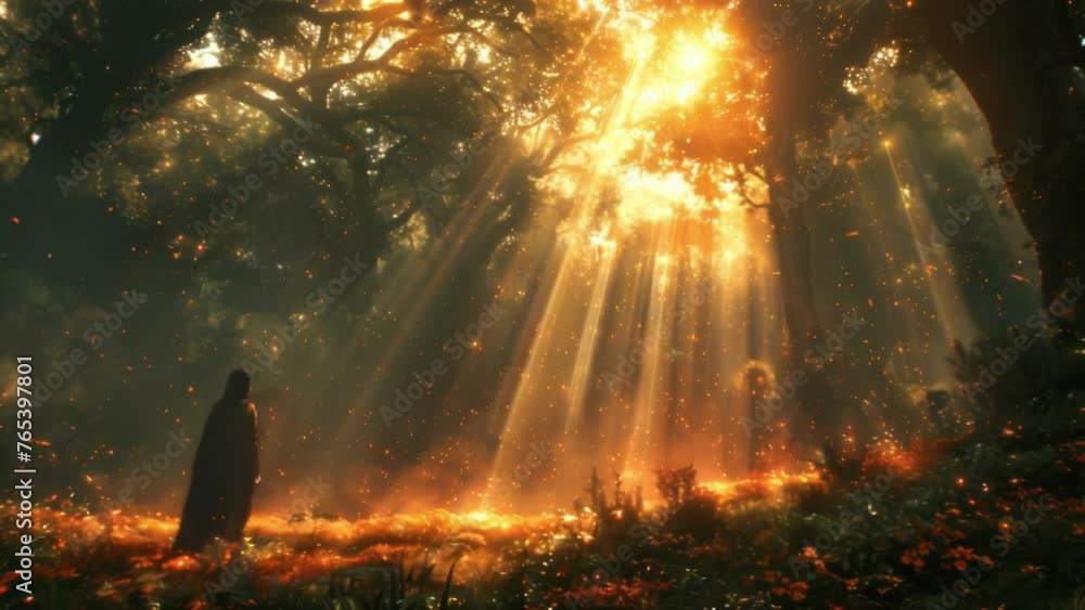 Poster a person standing in a forest clearing with rays of bright pure light streaming down through the tre