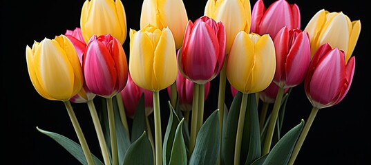 a high resolution digital art piece featuring a diverse array of vivid flowers, particularly showcasing bright tulips against a dramatic black backdrop