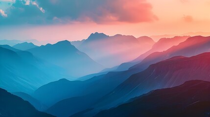 The morning sunrise over the mountains reveals a unique picture: the rays penetrate the cloud cover, coloring the peaks in golden shades and awakening life in the valleys. - obrazy, fototapety, plakaty