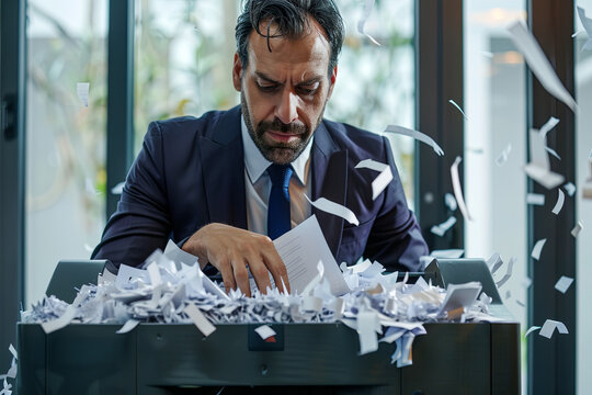 Businessman shredding confidential documents at an overflowing shredder