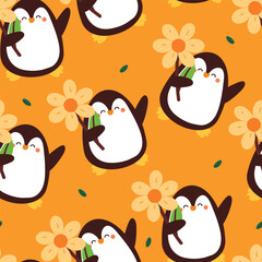 seamless pattern cartoon penguin with flowers. cute animal wallpaper illustration for gift wrap paper