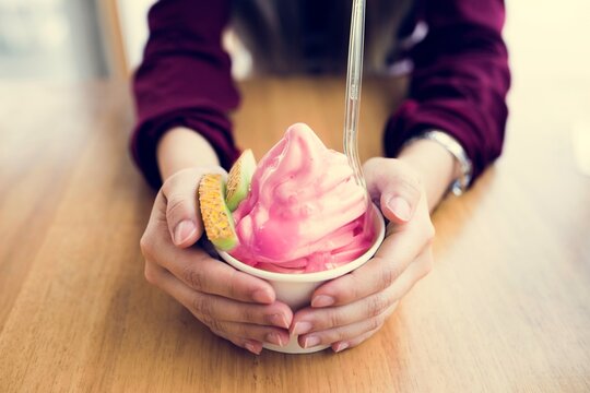 Woman eating ice-cream yummy joyful