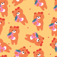 seamless pattern cartoon bears with strawberry. cute animal wallpaper illustration for gift wrap paper