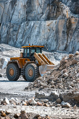 Front end loader working at a quarry processing plant stockpile