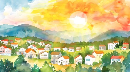 Vibrant Watercolor Sunrise over a Sustainable Rural Community