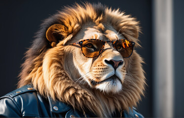 artistic vibrant portrait of a lion using jacket and wearing sunglasses