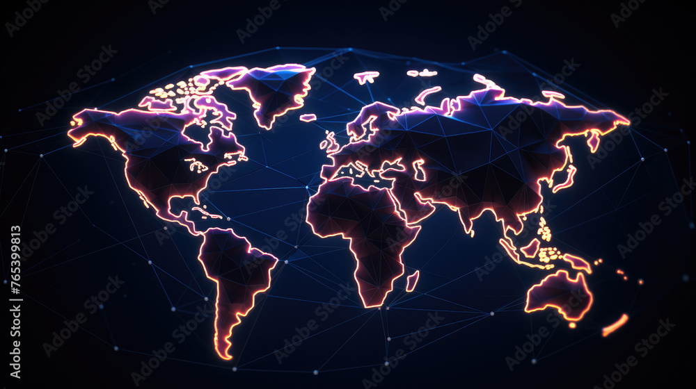 Wall mural Polygonal world map. Modern world map made of neon lines and dots on dark black background.