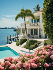 Luxurious waterfront mansion surrounded by lush greenery and pink blooms. Generative AI.