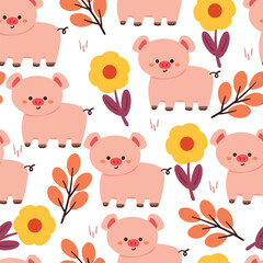 seamless pattern cartoon pig with plant and flower. cute animal wallpaper for textile, gift wrap paper