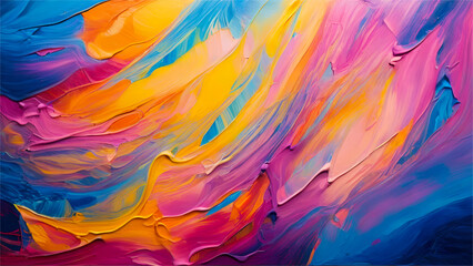 Thick rainbow colorful acrylic oil paint stroke on wall. Closeup of abstract rough colorful...