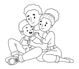 Cute family. Happy sitting woman mother and husband with smiling child son. Outline hand drawing. Vector illustration in doodle style