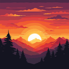 sunset with nature landscape  vector illustration