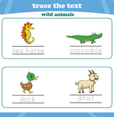 writing practice with wild animals. Worksheet trace the text. Vector illustration