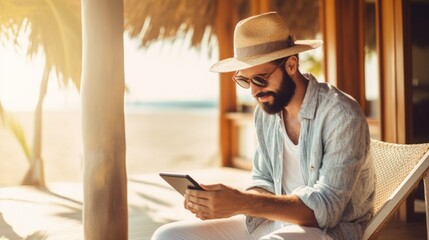A stylish man in a straw hat, shirt, sunglasses, sitting on a chaise longue and using a tablet on the beach on a sunny day. Summer, Holidays, The Sea. Horizontal Business Banner with copy space.