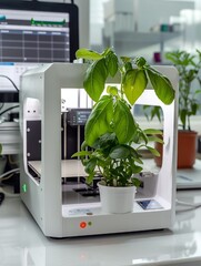 realistic photo of 3d printer printering home plant in pot based in scientist laboratory of food researching focused on 3d printer Light laboratory s interior