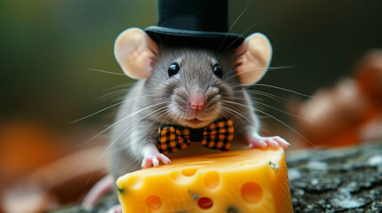 A stylish mouse wearing a miniature top hat and a bow tie, posing on a piece of cheese.