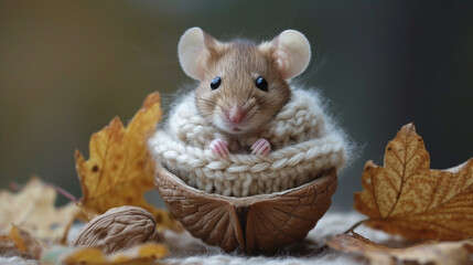 A mouse in a tiny, knitted sweater, sitting comfortably in a walnut shell.