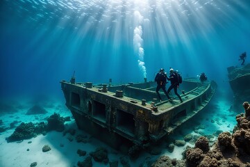 The mystery of the ocean depths with a shot taken from behind two divers as they explore a sunken ship resting on the seabed, the eerie light filtering through the water highlighting the details. - obrazy, fototapety, plakaty