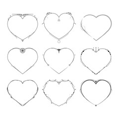 Set Abstract Collection Hand Drawn Frame Heart With Plants Doodle 14 February Holiday Concept Vector Design Outline Style On White Background Isolated Letter, Message, Mail, Cards, Posters