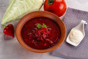 Borsch soup with cabbage and beetroot