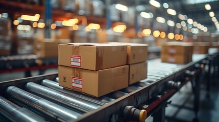 Mass production of cardboard boxes on conveyor belt in warehouse