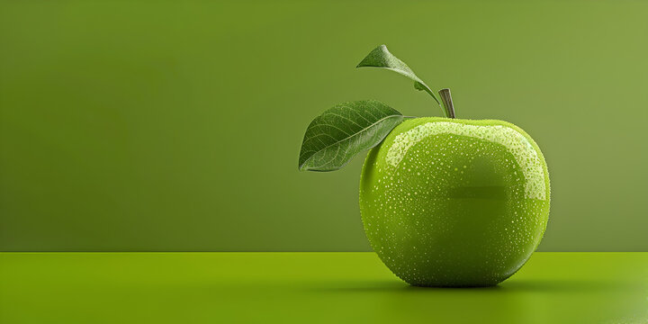 Green apple with leaves on a green background, There is a green apple with a leaf on it, 