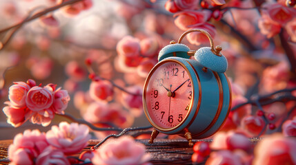 Alarm clock on nature background with spring flowers. - obrazy, fototapety, plakaty