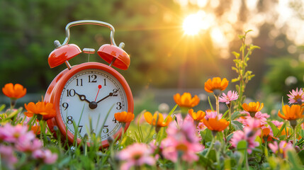 Alarm clock on nature background with spring flowers. - obrazy, fototapety, plakaty