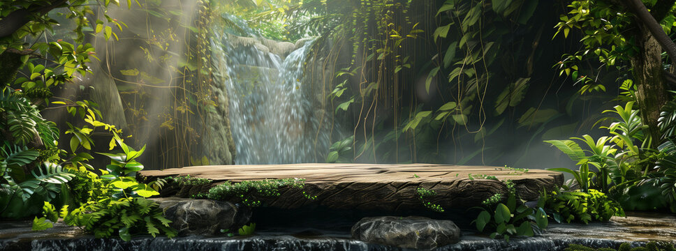 Fototapeta Podium product display blends into nature with stone table on waterfall background.