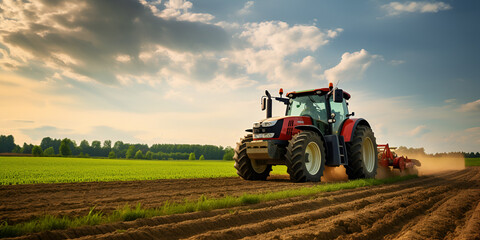 tractor in field, Tractor in the field at sunset tractor in the field, Agricultural workers with tractors Ploughing a field with tractor at sunset, Generative AI