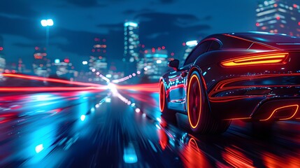 The rear view of a hypercar with glowing lights zooming along a city road at night, surrounded by urban illumination and energy.