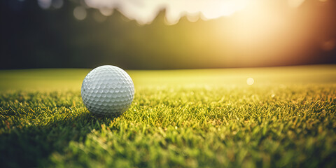 golf ball on the grass, A close up of a golf ball and a golf club, Golf ball on green course in golf club close , Generative AI - obrazy, fototapety, plakaty