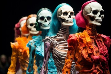In the underworlds fashion week, skeletons strut the runway in vibrant outfits that unintentionally turn into a funny bone display,  - obrazy, fototapety, plakaty