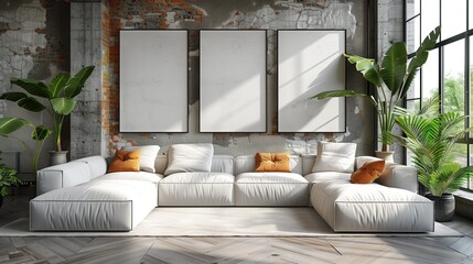 Modern white living room wall with white rectangular fabric frame on the wall.