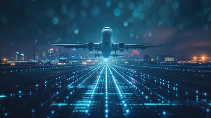 Takeoff of an airplane on an airport runway, air transport navigation Innovative airplane travel concept future technology Cargo travel on night flights - obrazy, fototapety, plakaty