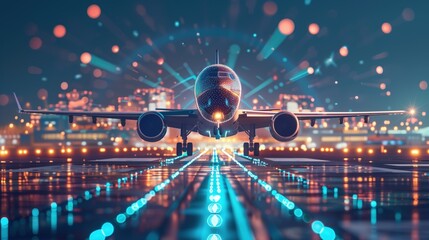 Takeoff of an airplane on an airport runway, air transport navigation Innovative airplane travel concept future technology Cargo travel on night flights