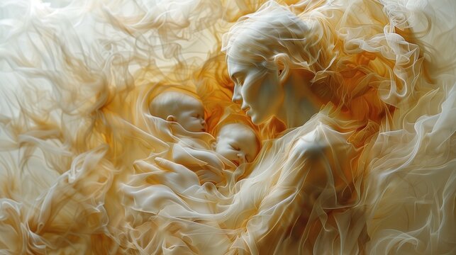 Graphic image of mother with twin babies that is in the form of a mass of cloth or a mass of white smoke