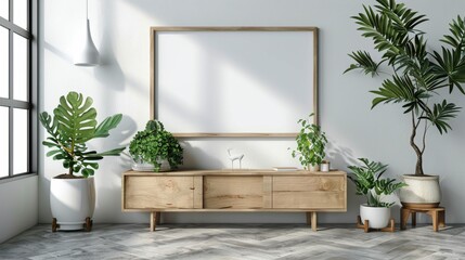 Elegant Living Room With Large Mirror and Potted Plants