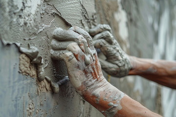 Worker’s hand plastering cement on a wall for house construction