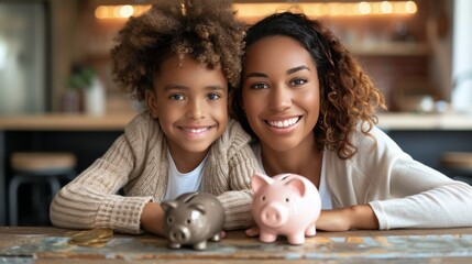 Woman and Child With Piggy Bank