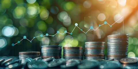 Financial growth concept with stacks of coins, upward line, and graph in background - obrazy, fototapety, plakaty
