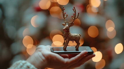 mobile device in a hand with a reindeer antler for Christmas - obrazy, fototapety, plakaty