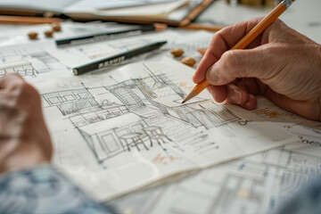 Interior design sketches. Designer’s hand with a pencil and new kitchen design sketches