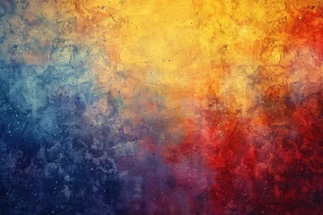 Fotobehang abstract watercolor background paper design of bright color splashes in yellow red warm color and blue orange gold, modern art painted canvas of old faded vintage grunge background. © Nazia