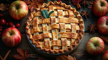 Thanksgiving background. Top view rustic wood table decor from apple and pumpkin pie, cinnamon, leaves. Autumn and fall background. Holiday food. Thanksgiving day or Halloween concept