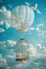 Concept of freedom. Air balloon escaping from a cage