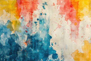 abstract watercolor background paper design of bright color splashes in yellow red warm color and blue orange gold, modern art painted canvas of old faded vintage grunge background . - obrazy, fototapety, plakaty