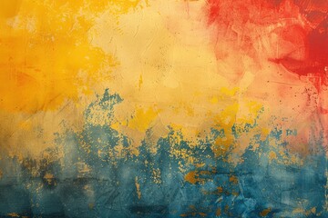 abstract watercolor background paper design of bright color splashes in yellow red warm color and blue orange gold, modern art painted canvas of old faded vintage grunge background . - obrazy, fototapety, plakaty