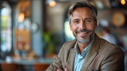 Fototapeta premium Man Sitting at Table With Arms Crossed