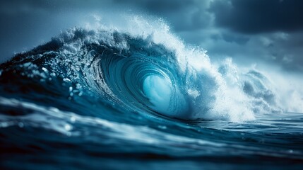 Ocean wave breaks under cloudy sky, water fluid motion on electric blue horizon - obrazy, fototapety, plakaty